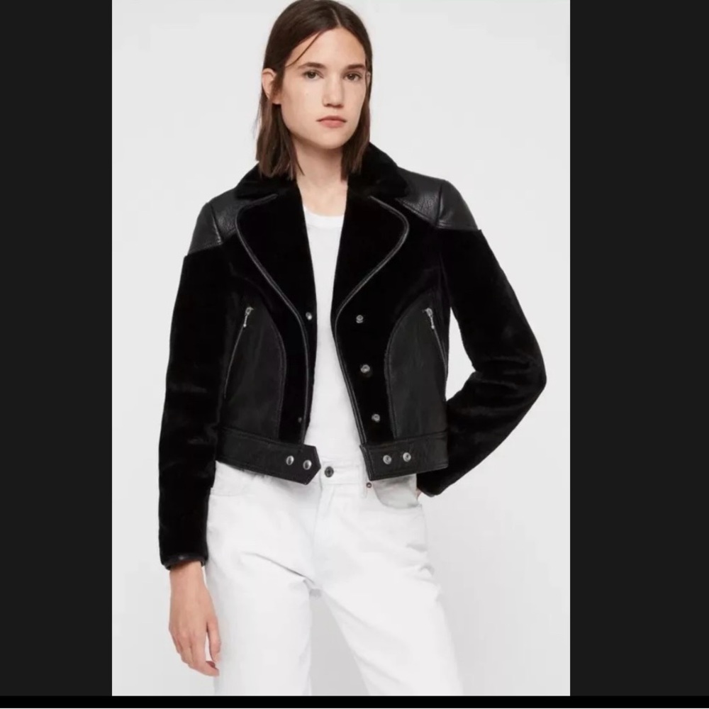 All Saints Black Cropped Leather Jacket Moto Style